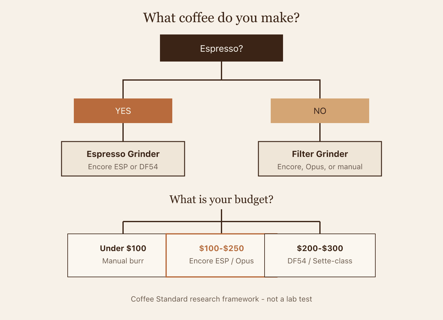 Decision tree asking whether you make espresso and what budget to choose for a beginner coffee grinder